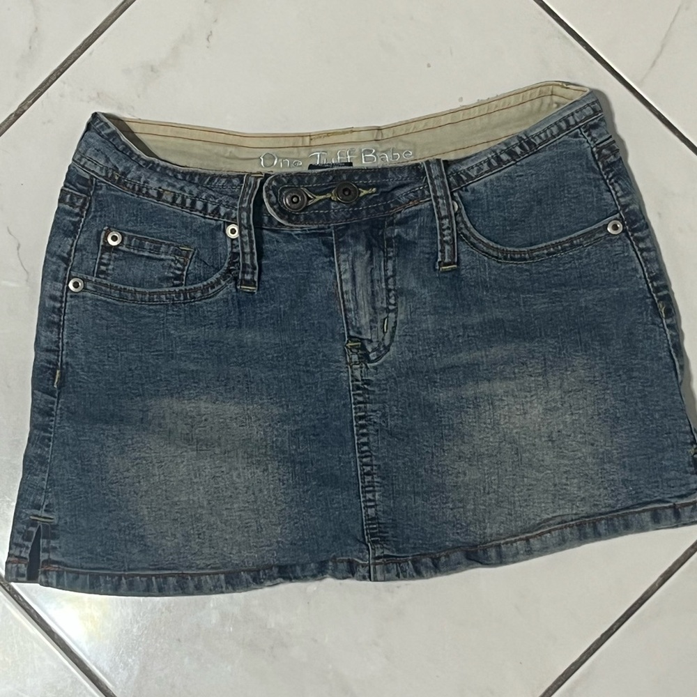 One Tuff Babe vintage Y2K ultra Jean denim tight short mini skirt distress micro